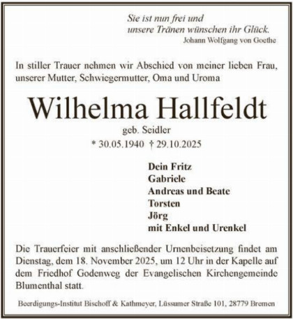 Trauerfall Wilhelma Hallfeldt