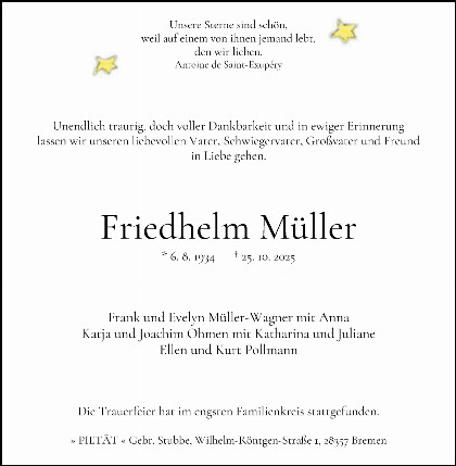 Trauerfall Friedrich Wilhelm Müller